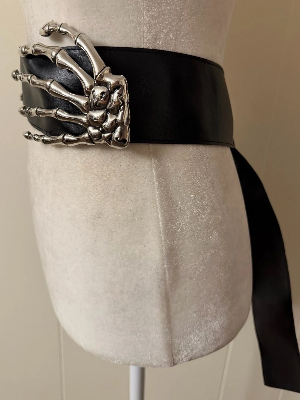 Gothic Skeleton Hands Belt Silver toned Skeleton Bones Faux Leather Tie Belt